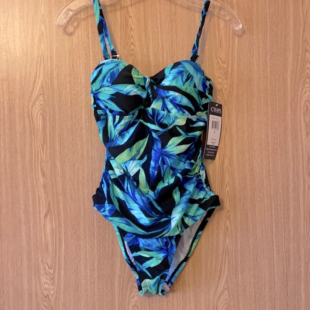 NWT Chaps Bandeau Ruched Front One Piece Swimsuit sz 6 Removable Molded Cups